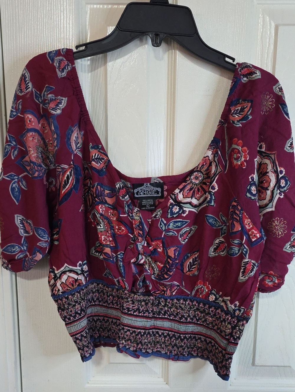 Angie Burgundy Floral Cropped Peasant Top with Puff Sleeves Bohemian.